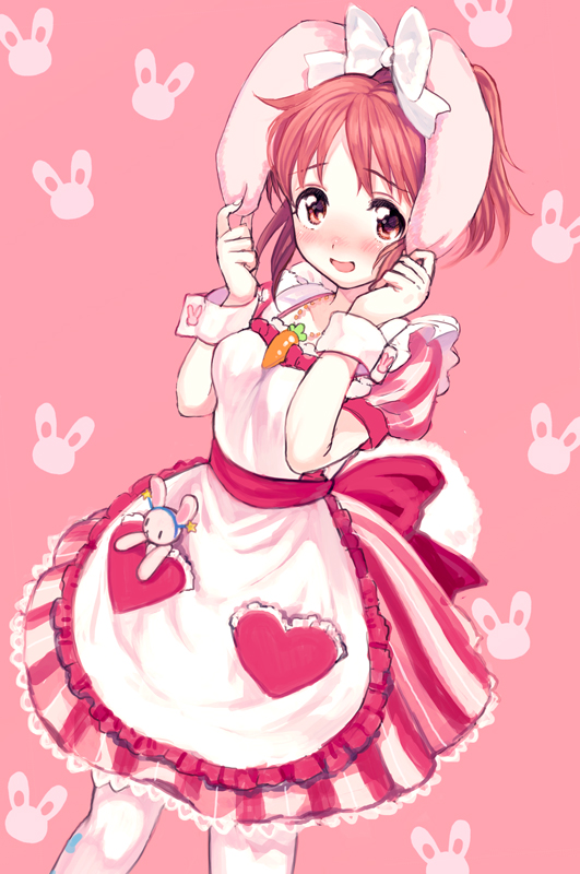 1girl :d abe_nana amezawa_koma animal_ears apron bangs blush bow carrot_necklace cowboy_shot dress embarrassed eyebrows_visible_through_hair fake_animal_ears hair_bow heart idolmaster idolmaster_cinderella_girls jewelry looking_at_viewer maid open_mouth pantyhose pendant pink_background pink_hair pocket puffy_short_sleeves puffy_sleeves rabbit_ears red_eyes short_sleeves simple_background smile solo standing star_(symbol) striped stuffed_animal stuffed_bunny stuffed_toy tareme vertical-striped_dress vertical_stripes white_apron white_bow white_legwear wrist_cuffs