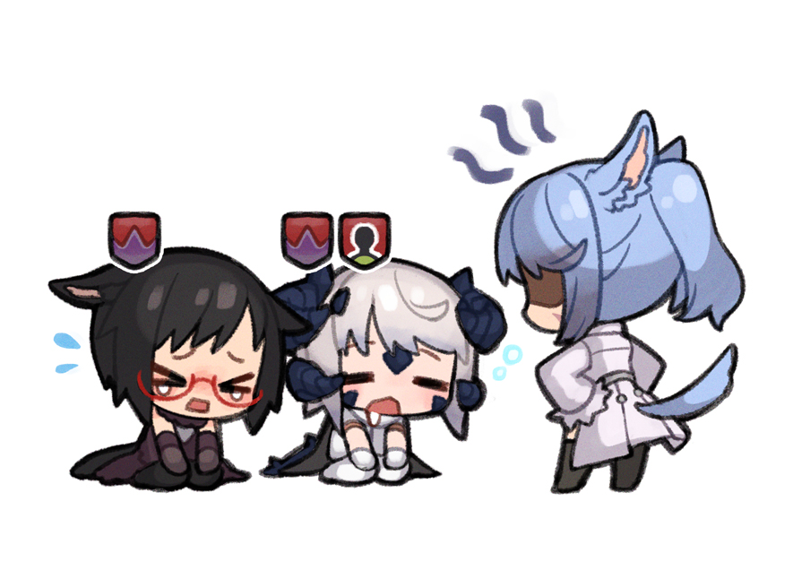 3girls angry animal_ears annoyed aura black_hair black_legwear blue_hair blush brown_gloves chibi closed_eyes crying drooling final_fantasy final_fantasy_xiv flying_sweatdrops gameplay_mechanics glasses gloves grey_background grey_hair horns inuue_kiyu long_hair miqo'te multiple_girls multiple_horns open_mouth ponytail red-framed_eyewear saliva scar scar_on_face shaded_face short_hair simple_background sitting sleeping sweatdrop tail tears white_gloves white_legwear