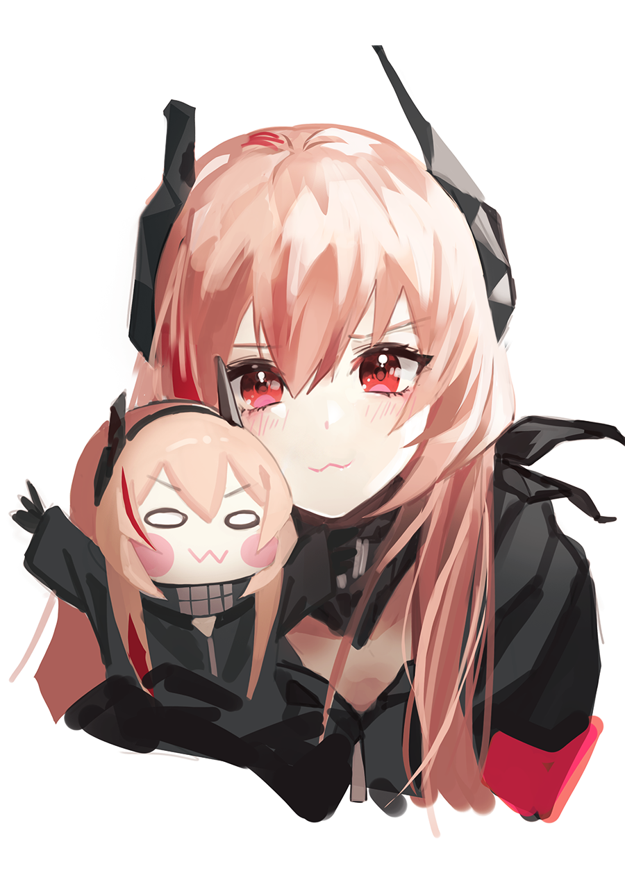 2girls :3 arms_up bangs blush blush_stickers chibi closed_mouth cropped_torso dano girls_frontline headgear highres light_brown_hair long_hair looking_at_viewer m4_sopmod_ii_(girls_frontline) m4_sopmod_ii_jr multicolored_hair multiple_girls redhead simple_background streaked_hair upper_body white_background wide_oval_eyes