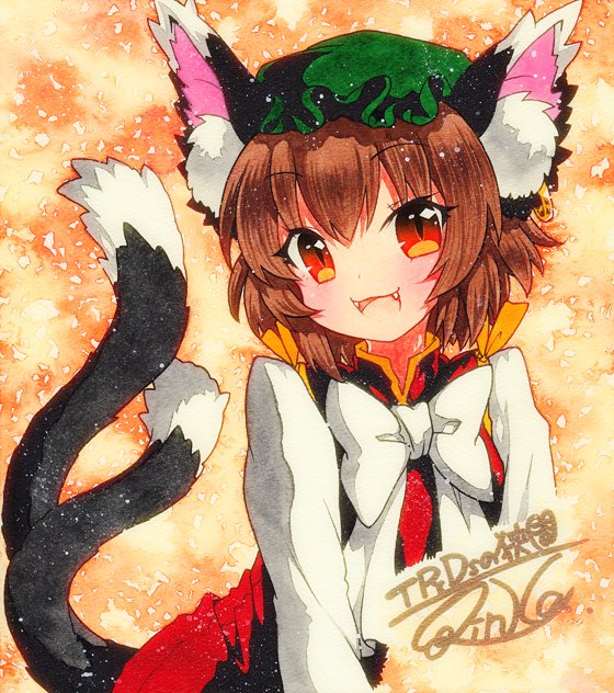 1girl :d animal_ear_fluff animal_ears brown_hair cat_ears cat_tail chen dress earrings fangs gold_trim hat jewelry mob_cap multiple_tails nekomata open_mouth qqqrinkappp red_dress red_eyes shikishi short_hair single_earring smile solo tail touhou traditional_media two_tails