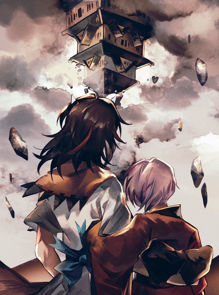 2girls architecture back_bow black_hair blue_bow bow building clouds east_asian_architecture from_behind japanese_clothes kabocha1408 kijin_seija kimono long_sleeves multicolored_hair multiple_girls purple_hair red_kimono redhead shining_needle_castle shirt short_hair short_sleeves streaked_hair sukuna_shinmyoumaru touhou upper_body white_shirt