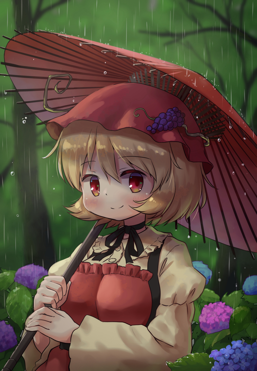 1girl aki_minoriko apron arinu bangs black_neckwear blonde_hair breasts closed_mouth commentary_request dress eyebrows_visible_through_hair flower food fruit grapes hair_between_eyes hat highres leaf long_sleeves looking_at_viewer medium_breasts oil-paper_umbrella purple_flower rain red_apron red_eyes red_headwear short_hair smile solo touhou tree umbrella yellow_dress yellow_sleeves