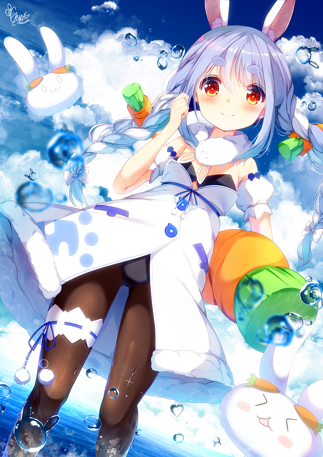 1girl animal_ear_fluff animal_ears bangs bare_shoulders black_leotard blue_hair blue_sky blush bow braid brown_legwear bunny-shaped_pupils carrot_hair_ornament chinomaron closed_mouth clouds cloudy_sky commentary_request day detached_sleeves don-chan_(usada_pekora) dress eyebrows_visible_through_hair food-themed_hair_ornament hair_between_eyes hair_bow hair_ornament hand_up highres hololive leotard looking_at_viewer multicolored_hair nousagi_(usada_pekora) outdoors pantyhose puffy_short_sleeves puffy_sleeves rabbit_ears red_eyes short_eyebrows short_sleeves signature sky smile strapless strapless_dress strapless_leotard stuffed_carrot stuffed_toy thick_eyebrows twin_braids twintails two-tone_hair usada_pekora virtual_youtuber water water_drop white_bow white_dress white_hair white_sleeves