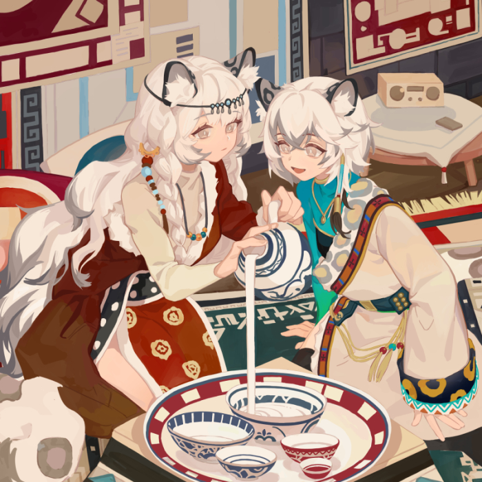 2girls animal_ear_fluff animal_ears arknights bead_necklace beads belt blue_shirt bowl braid carpet cliffheart_(arknights) closed_mouth cushion earrings eyebrows_visible_through_hair favilia fur_trim grey_eyes grey_hair hands_up head_chain holding_jug indoors jewelry jug leopard_ears leopard_tail long_hair long_sleeves multicolored_hair multiple_girls necklace open_mouth plate pouring pramanix_(arknights) radio seiza shirt single_earring sitting smile streaked_hair table tail twin_braids white_hair wooden_floor