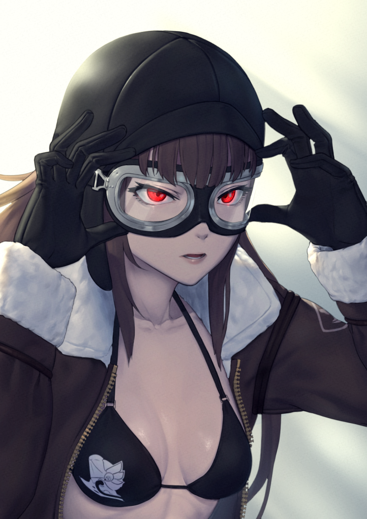 1girl adjusting_eyewear aviator_cap bangs beeeeen bikini bikini_top bomber_jacket breasts brown_hair gloves goggles goggles_on_eyes jacket last_origin long_hair open_mouth p-49_sleipnir pilot_helmet red_eyes small_breasts solo swimsuit