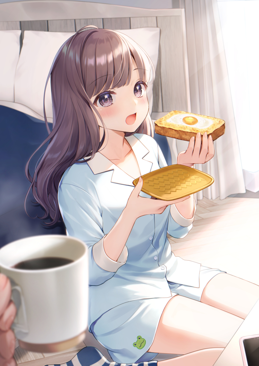 1girl bangs bed blue_legwear blurry blurry_foreground blush brown_eyes brown_hair cellphone coffee collarbone collared_shirt commentary_request cup curtains day depth_of_field dress_shirt eyebrows_visible_through_hair food highres holding holding_cup holding_food indoors long_hair long_sleeves looking_at_viewer momoshiki_tsubaki mug no_shoes open_mouth original pajamas phone pillow shirt short_shorts shorts sitting socks solo_focus striped striped_legwear sunlight toast white_shirt white_shorts window