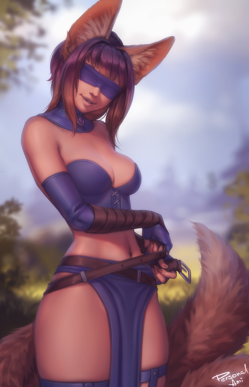 1girl animal_ears bangs belt blindfold blurry blurry_background breasts brown_hair bustier covered_eyes detached_collar elbow_gloves facing_viewer fingerless_gloves fox_ears fox_tail gloves highres lips long_hair medium_breasts multiple_tails original outdoors pelvic_curtain personal_ami solo standing tail