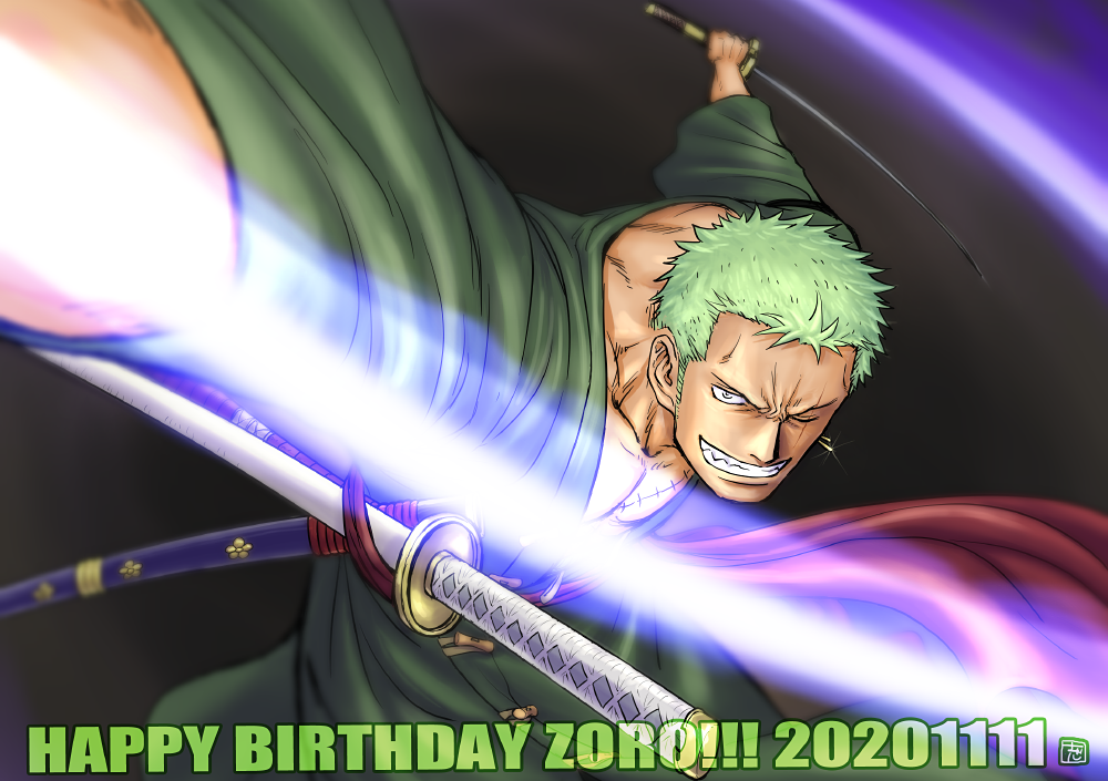 1boy dual_wielding earrings fighting_stance green_hair green_kimono happy_birthday holding holding_sword holding_weapon incoming_attack japanese_clothes jewelry katana kimono kokorozashi long_sideburns looking_at_viewer male_cleavage male_focus one_eye_closed one_piece partially_unbuttoned pectorals roronoa_zoro scar scar_across_eye scar_on_chest short_hair sideburns smirk solo sword weapon