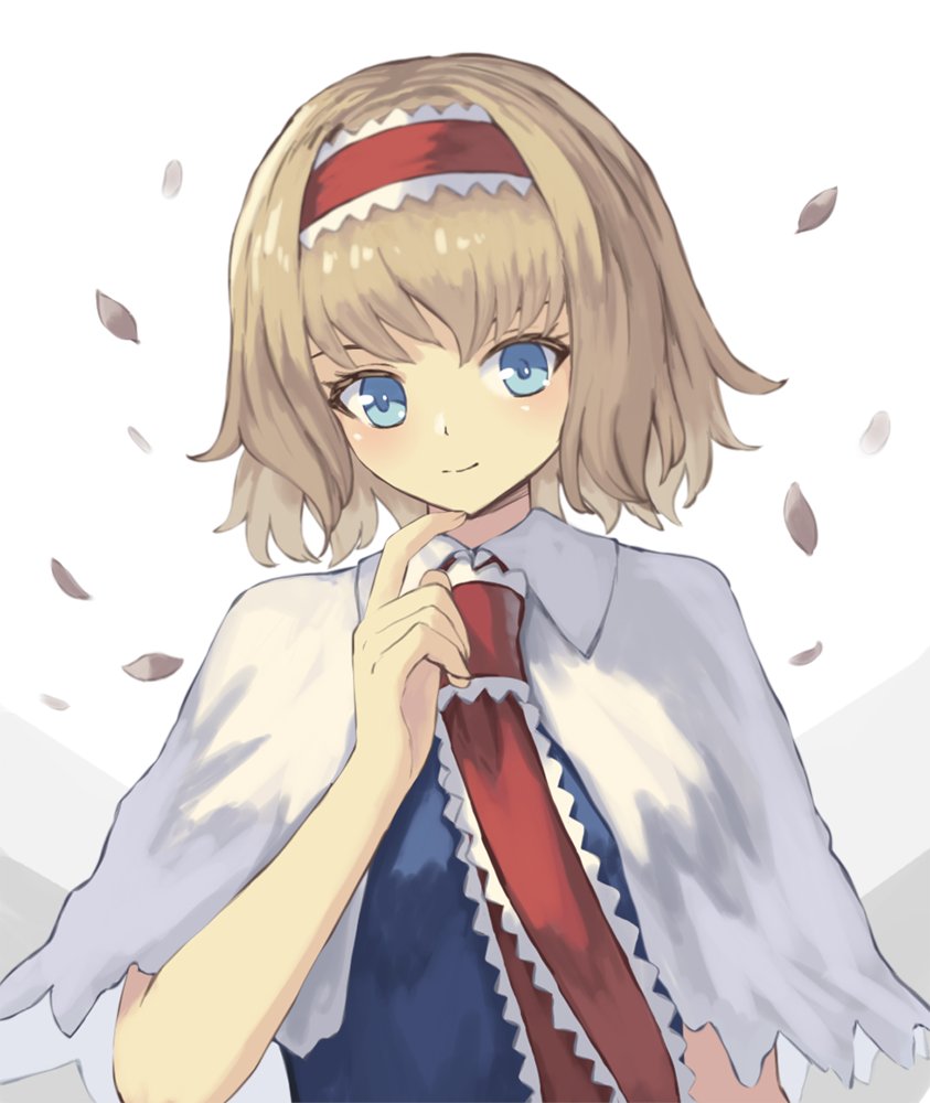 1girl alice_margatroid blonde_hair blue_dress blue_eyes breasts capelet commentary_request dress finger_to_own_chin hairband light_blush light_smile looking_at_viewer medium_breasts ookashippo petals red_neckwear short_hair simple_background solo touhou white_background white_capelet