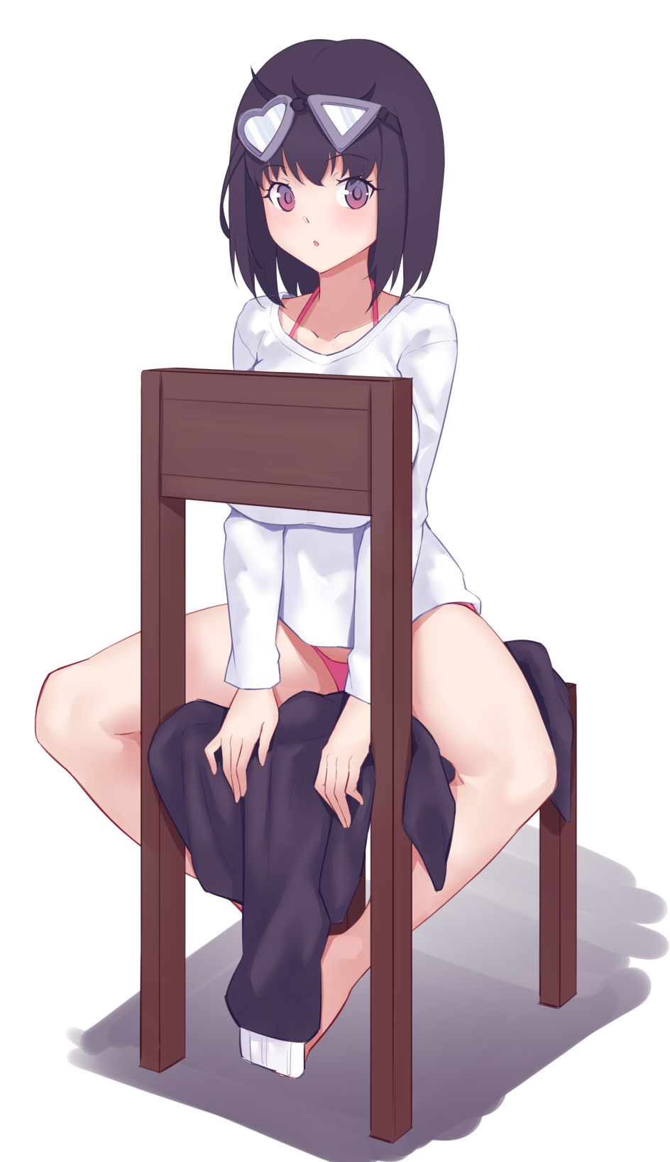 1girl :o bangs bare_legs black_hair black_sweater blunt_bangs blush bow breasts chair collarbone commentary_request copyright_request eyebrows_visible_through_hair eyewear_on_head grey_background hair_bow highres jilu large_breasts looking_at_viewer no_shoes panties pink_panties short_hair simple_background sitting solo sunglasses sweater underwear white_background white_sweater