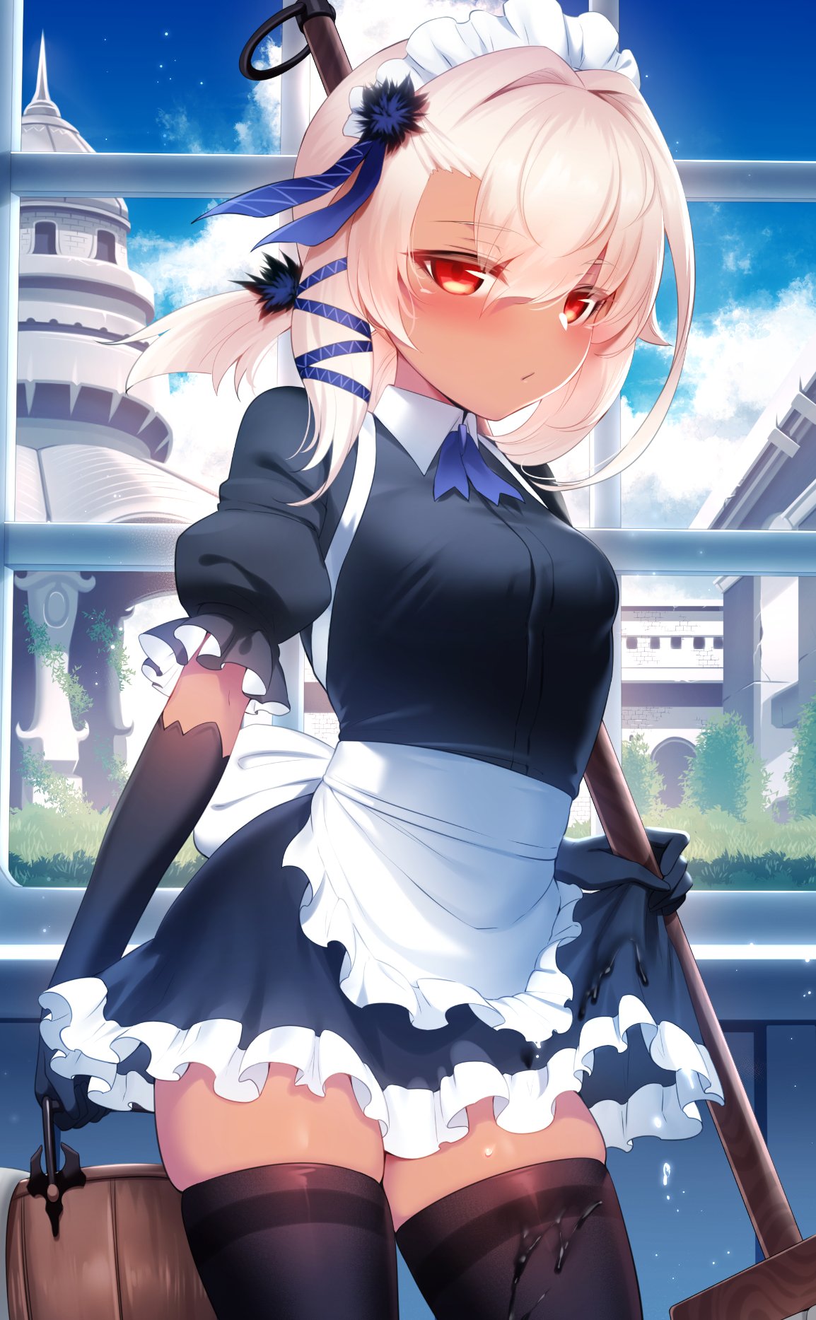 1girl bangs black_dress black_gloves black_legwear blue_sky blush breasts bucket dark-skinned_female dark_skin dress elbow_gloves gloves highres looking_at_viewer m-da_s-tarou maid_headdress mop original pink_hair puffy_short_sleeves puffy_sleeves red_eyes short_hair short_sleeves sidelocks sky solo thigh-highs twintails wooden_bucket