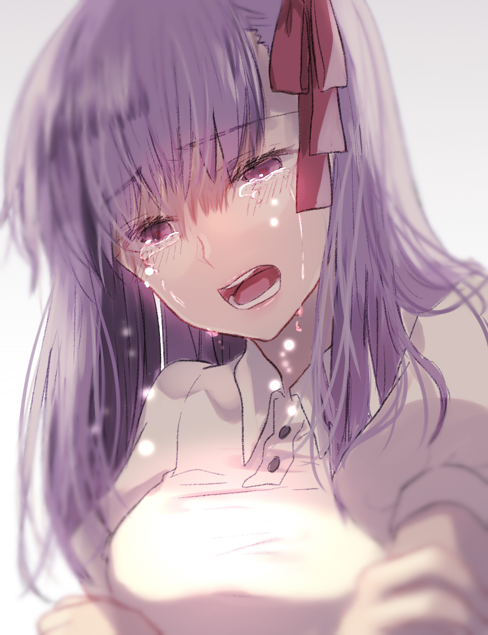 1girl breasts crying dress fate/stay_night fate_(series) hair_ribbon highres lower_teeth matou_sakura medium_breasts medium_hair official_alternate_costume open_mouth puffy_short_sleeves puffy_sleeves purple_hair red_ribbon ribbon ro96cu short_sleeves sobbing solo tears upper_body upper_teeth violet_eyes white_dress