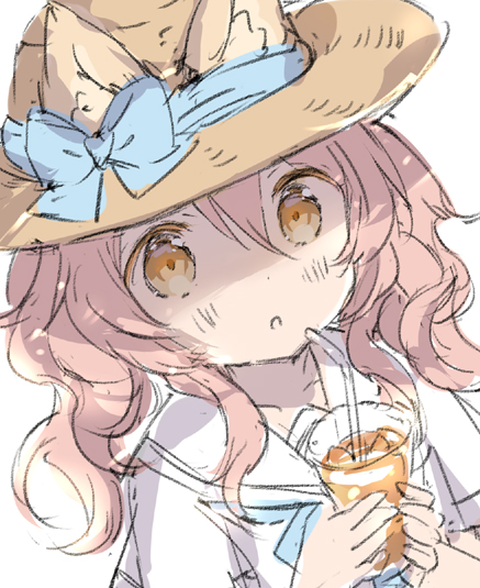 1girl :o animal_ear_fluff animal_ears bendy_straw blue_bow bow brown_eyes brown_hair brown_headwear commentary cup drink drinking_glass drinking_straw ears_through_headwear hands_up hat hat_bow holding holding_cup ice ice_cube long_hair looking_at_viewer original parted_lips sailor_collar school_uniform serafuku shirt short_sleeves simple_background solo symbol_commentary upper_body wataame27 white_background white_sailor_collar white_shirt wolf-chan_(wataame27) wolf_ears