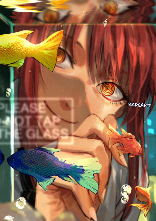 1girl air_bubble animal artist_name bangs black_neckwear bubble chainsaw_man closed_mouth dress_shirt fish fish_tank hand_up kadeart long_hair looking_at_viewer makima_(chainsaw_man) necktie redhead ringed_eyes shirt sidelocks smile solo upper_body white_shirt yellow_eyes