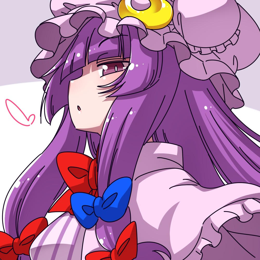 1girl bangs blue_bow blunt_bangs bow bowtie capelet commentary_request crescent crescent_hat_ornament crescent_pin eyebrows_visible_through_hair from_side hair_bow hanya_(hanya_yashiki) hat hat_ornament long_hair looking_at_viewer mob_cap patchouli_knowledge purple_hair red_bow red_neckwear simple_background solo touhou upper_body violet_eyes