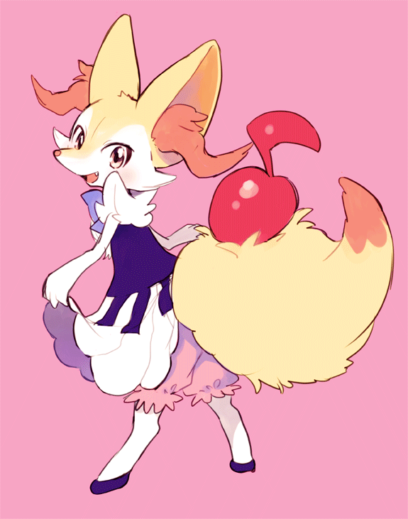 :d amezawa_koma blush braixen cherry clothed_pokemon dress fang food fruit full_body gen_6_pokemon looking_at_viewer open_mouth petticoat pink_background pokemon purple_footwear shoes simple_background smile