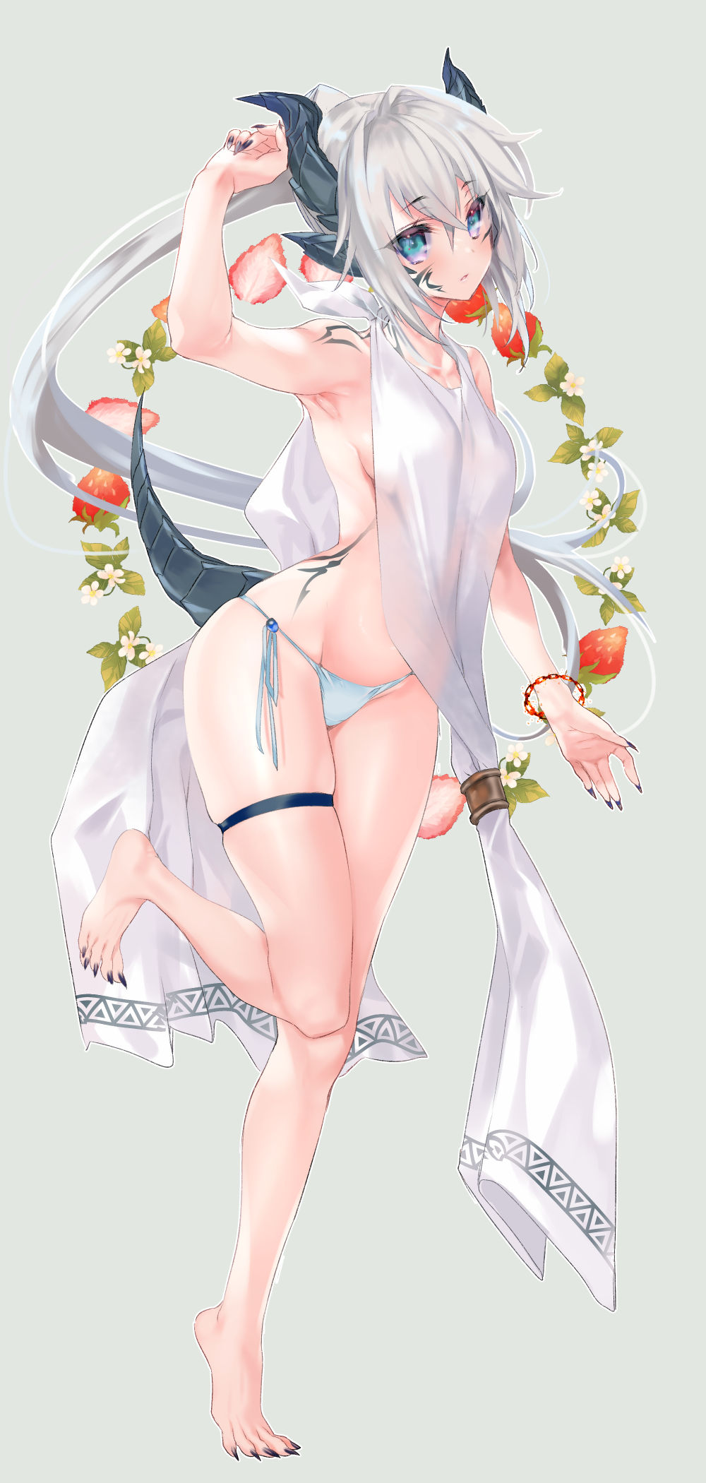 1girl apron aqua_eyes arm_up bangs bare_legs barefoot breasts commentary_request dragon_girl dragon_horns dragon_tail eyebrows_visible_through_hair facial_mark fingernails food fruit full_body hair_between_eyes highres horns kumatora_tatsumi long_fingernails long_hair long_toenails looking_at_viewer original panties sharp_fingernails sharp_toenails side-tie_panties silver_hair solo standing standing_on_one_leg strawberry tail thigh_strap toenails underwear very_long_hair white_apron white_panties wristband