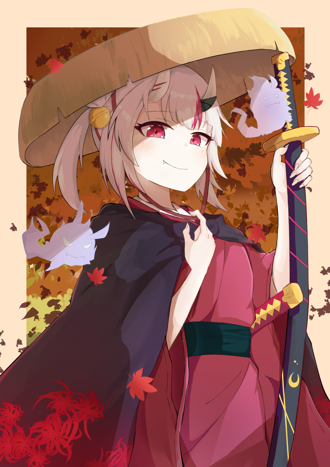 1girl alternate_costume autumn_leaves bell cloak closed_mouth desuka_police double_bun fang fang_out hair_bell hair_ornament hat highres holding holding_sword holding_weapon hololive horns japanese_clothes jingle_bell karma_(nakiri_ayame) katana kimono looking_at_viewer multicolored_hair nakiri_ayame obi oni oni_horns red_eyes red_kimono redhead sandogasa sash sheath shiranui_(nakiri_ayame) short_hair silver_hair smile solo straw_hat streaked_hair sword two_side_up virtual_youtuber weapon wide_sleeves