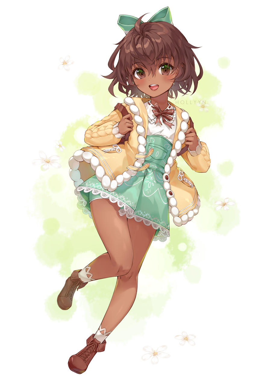 1girl ahoge ascot backpack bag blush bow brown_eyes brown_hair cardigan commission dark_skin eyebrows_visible_through_hair flower frilled_skirt frills green_skirt hair_bow highres hollyyn lace-trimmed_legwear lace_trim looking_at_viewer open_mouth original patterned_clothing shoes short_hair short_shorts shorts signature simple_background skirt smile