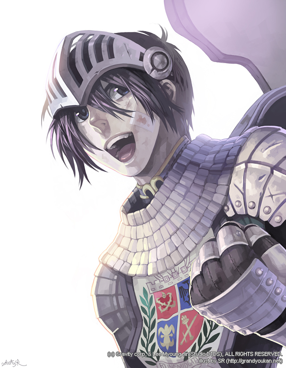 1boy armor artist_name bandage_on_face bandages bangs black_eyes black_hair brown_cape cape chainmail clenched_hand commentary_request dated dated_commentary emblem gauntlets grandyoukan hair_between_eyes knight_(ragnarok_online) korean_commentary looking_to_the_side open_mouth pauldrons ragnarok_online short_hair shoulder_armor signature simple_background solo tabard teeth tongue upper_body visor_(armor) watermark web_address white_background