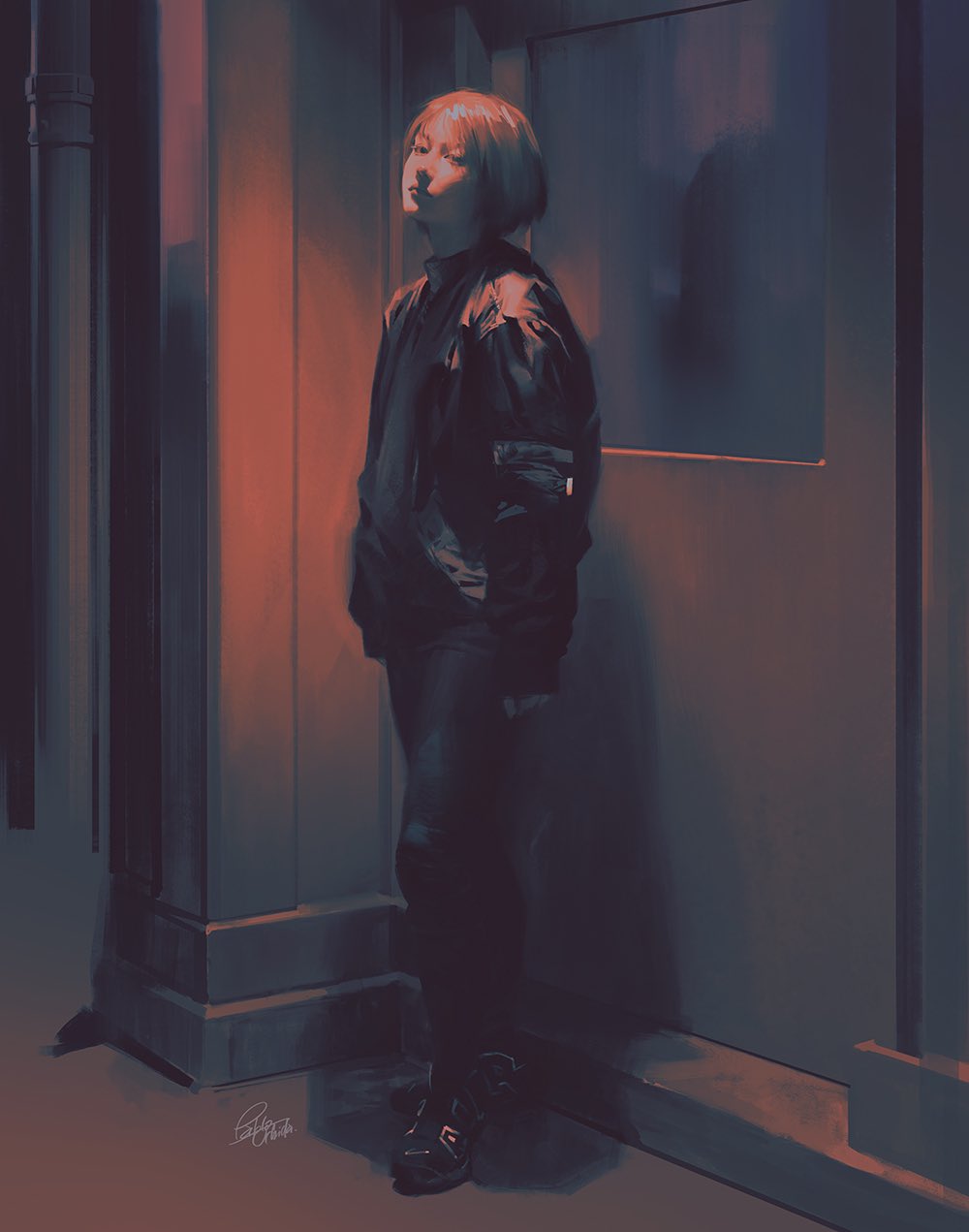 1girl artist_name asian bangs black_jacket black_pants bomber_jacket clenched_hand highres jacket limited_palette looking_at_viewer nike original pablo pants photoshop_(medium) realistic shoes short_hair signature sneakers solo standing