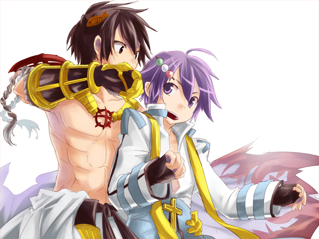 2boys arch_bishop_(ragnarok_online) bangs belt black_belt black_gloves blue_coat brown_eyes brown_hair clothes_around_waist coat commentary_request cropped_jacket cross cross_necklace dango_hair_ornament fingerless_gloves flame_print food food-themed_hair_ornament gauntlets gloves hair_ornament jacket jewelry kiri_nada long_sleeves looking_at_another male_focus multiple_boys necklace open_mouth pants purple_hair ragnarok_online shirt shirt_around_waist short_hair simple_background sura_(ragnarok_online) taiyaki toned toned_male topless_male upper_body violet_eyes wagashi white_background white_jacket white_pants white_shirt