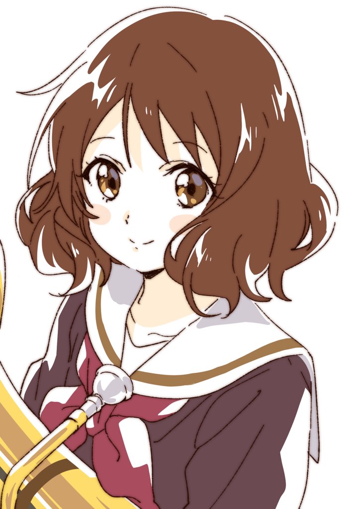 1girl brown_eyes brown_hair brown_serafuku curly_hair hibike!_euphonium instrument kitauji_high_school_uniform namori oumae_kumiko school_uniform short_hair smile solo trumpet