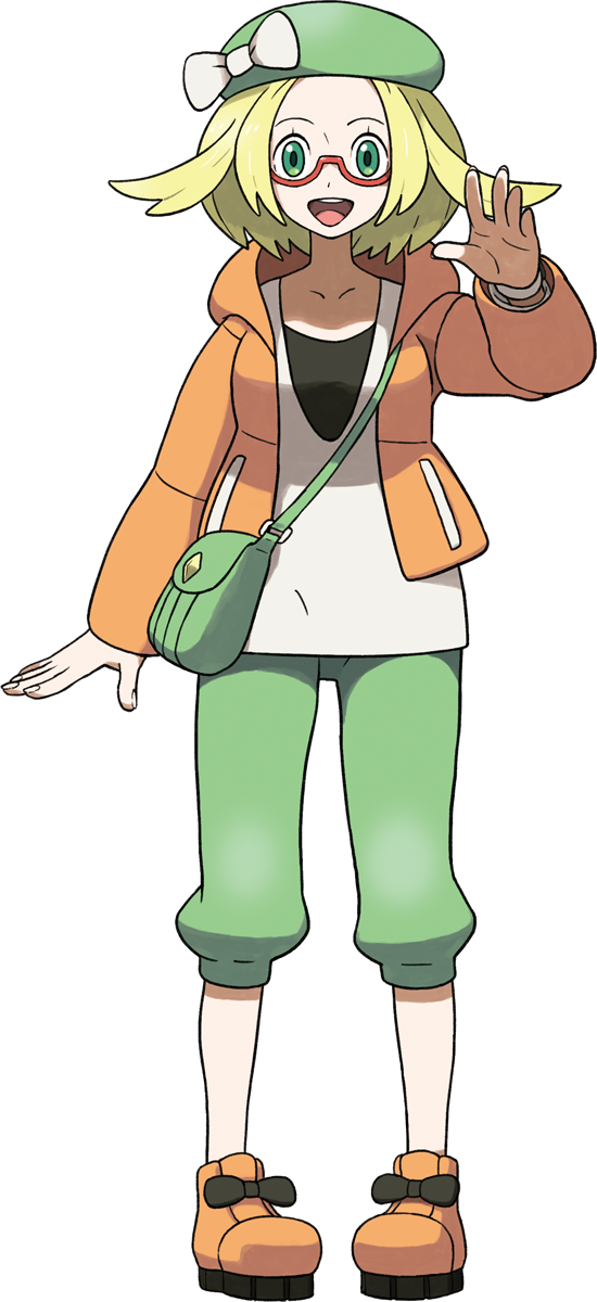 1girl :d bag bangs bianca_(pokemon) blonde_hair bow capri_pants collarbone eyelashes full_body glasses green_bag green_eyes green_headwear green_pants hand_up hat hat_bow highres jacket long_sleeves looking_at_viewer official_art open_clothes open_jacket open_mouth orange_footwear orange_jacket pants parted_bangs pokemon pokemon_(game) pokemon_bw2 red-framed_eyewear semi-rimless_eyewear shoes shoulder_bag smile solo standing tongue transparent_background upper_teeth white_bow