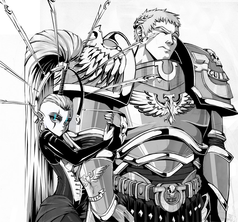 1boy 1girl ahoge ahoge_wag anklet armor armored_dress artist_request belt cape closed_mouth couple eldar expressive_hair greyscale jewelry locked_arms monochrome roboute_guilliman shoulder_armor simple_background size_difference warhammer_40k yvraine