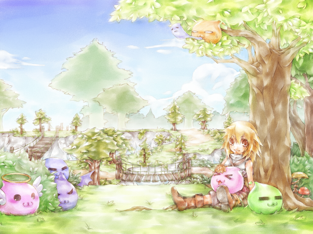 &gt;_&lt; 1girl :3 =_= angel_wings angeling armor bangs blonde_hair blue_sky boots breastplate bridge brown_eyes brown_gloves brown_shorts bush cliff closed_mouth clouds commentary_request day demon_wings deviling drops_(ragnarok_online) eyebrows_visible_through_hair forest full_body giving_up_the_ghost gloves hair_between_eyes halo looking_at_viewer lunaraven marin_(ragnarok_online) medium_hair mushroom nature novice_(ragnarok_online) outdoors pink_shorts poporing poring ragnarok_online shorts sitting sky slime_(creature) smile tree under_tree wings wooden_bridge