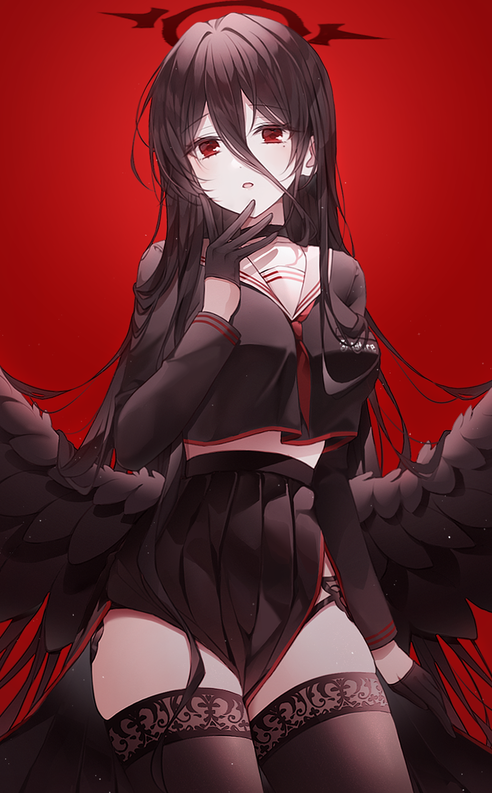 1girl bangs black_choker black_gloves black_hair black_legwear black_serafuku black_shirt black_skirt black_wings blue_archive breasts choker collarbone commentary_request cowboy_shot crop_top crop_top_overhang eyebrows_visible_through_hair feathered_wings garter_straps gloves hair_between_eyes half_gloves halo hand_up hasumi_(blue_archive) high-waist_skirt highres large_breasts long_hair long_sleeves looking_at_viewer low_wings mattang medium_breasts midriff midriff_peek miniskirt mole mole_under_eye parted_lips pleated_skirt red_background red_eyes red_neckwear revision sailor_collar school_uniform serafuku shirt side_slit simple_background skirt solo thigh-highs very_long_hair white_sailor_collar wings zettai_ryouiki