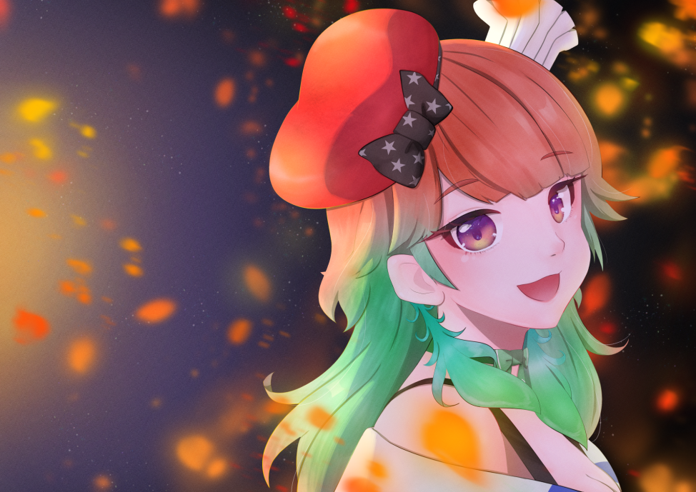 1girl :d aki_sakura bangs bare_shoulders beret chef_hat commentary earrings embers english_commentary eyebrows_visible_through_hair feather_earrings feathers gradient_hair green_hair hat hololive hololive_english jewelry multicolored_hair multiple_hats open_mouth orange_hair smile solo swept_bangs takanashi_kiara upper_body virtual_youtuber