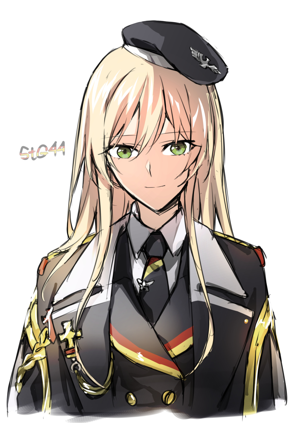 1girl beret black_jacket black_neckwear blonde_hair character_name closed_mouth eyebrows_visible_through_hair girls_frontline green_eyes hat highres jacket long_hair looking_at_viewer military military_hat military_uniform necktie shirt solo stg44_(girls_frontline) suprii uniform white_background white_shirt