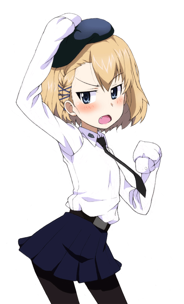 1girl alternate_costume anzio_school_uniform bangs belt beret black_belt black_headwear black_legwear black_neckwear black_skirt blonde_hair blue_eyes blush bob_cut braid braided_bangs commentary cowboy_shot dress_shirt fang frown girls_und_panzer hair_tie hand_on_own_head hat katyusha_(girls_und_panzer) kayabakoro long_sleeves looking_at_viewer miniskirt necktie open_mouth pantyhose pleated_skirt school_uniform shirt short_hair simple_background skirt sleeves_past_fingers sleeves_past_wrists solo standing white_background white_shirt wing_collar