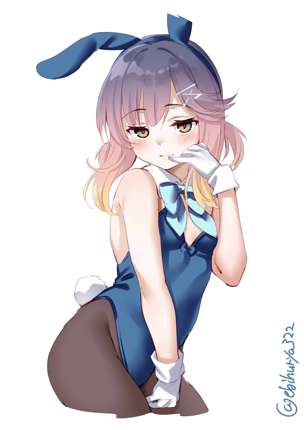 1girl animal_ears aqua_neckwear blush bow bowtie breasts brown_eyes brown_legwear bunny_tail closed_mouth ebifurya fake_animal_ears fake_tail gloves gradient_hair hair_ornament highres kantai_collection looking_at_viewer multicolored_hair pantyhose playboy_bunny purple_hair rabbit_ears short_hair simple_background small_breasts smile solo tail tsushima_(kancolle) twitter_username white_background white_gloves x_hair_ornament yellow_eyes