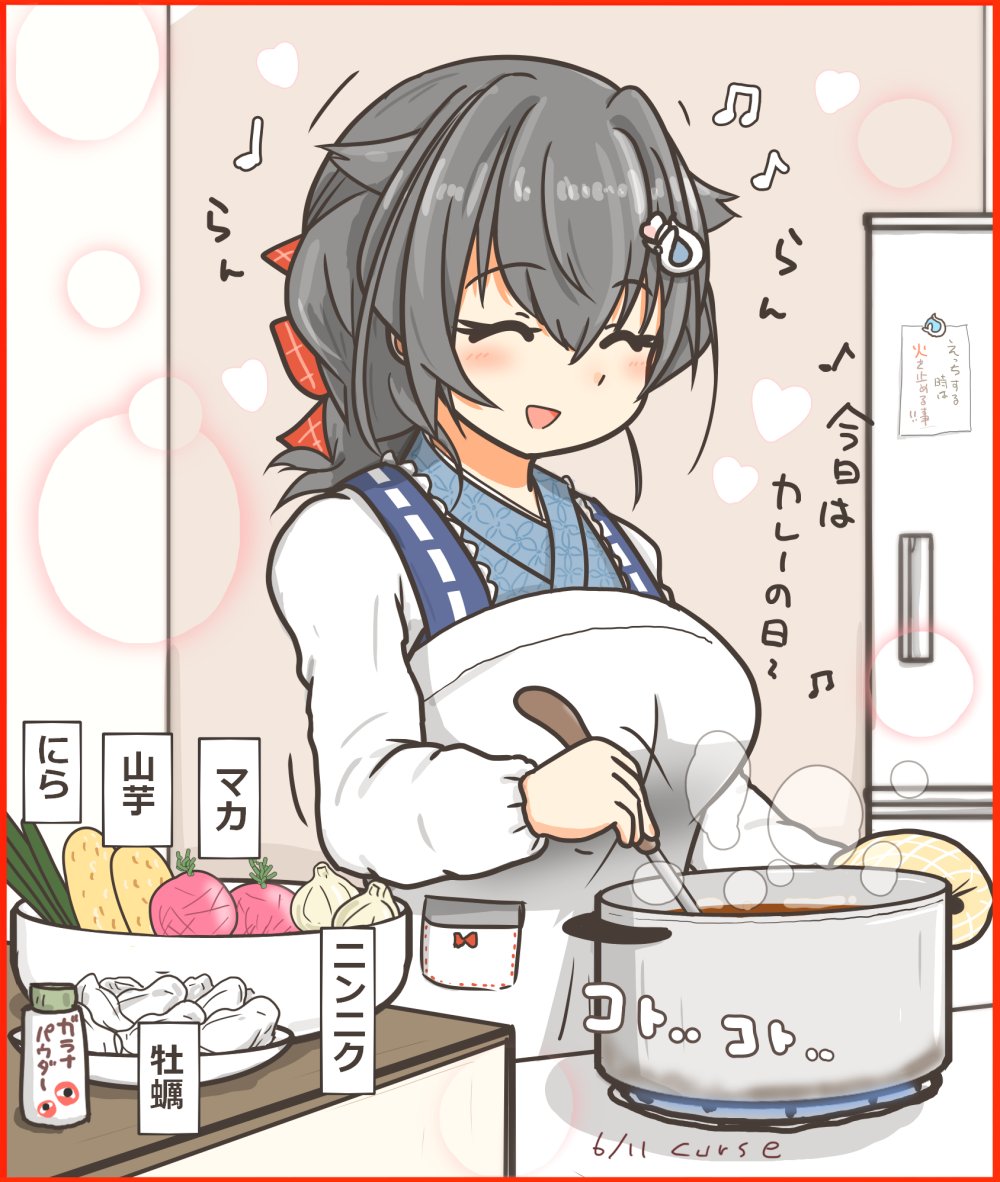 1girl artist_name black_hair breasts closed_eyes commentary_request cooking curse_(023) dated hair_flaps hair_ornament hairclip jingei_(kancolle) kantai_collection kappougi ladle large_breasts long_hair low_ponytail pot refrigerator solo stove translation_request upper_body
