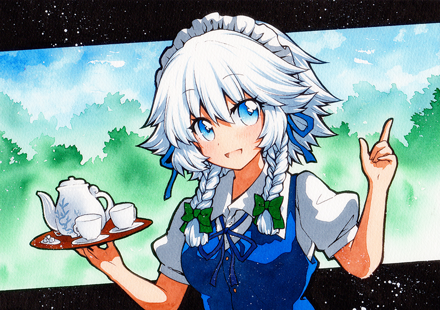 1girl bangs black_border blue_dress blue_eyes blue_neckwear blue_sky border bow breasts clouds cup dress eyebrows_visible_through_hair eyes_visible_through_hair green_bow hair_between_eyes hair_bow hands_up izayoi_sakuya kettle leaf looking_at_viewer maid maid_headdress medium_breasts open_mouth qqqrinkappp short_hair short_sleeves sky smile solo touhou traditional_media tray upper_body white_hair white_sleeves