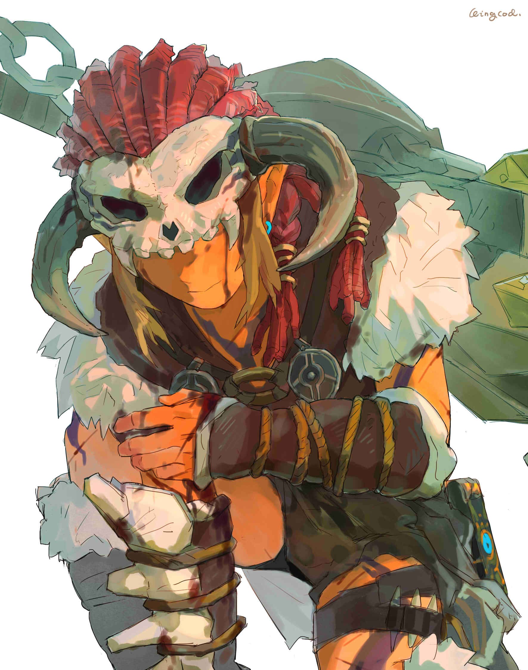 1boy animal_skull barbarian_set_(zelda) blonde_hair blood blood_on_face chain closed_mouth cuts detached_sleeves earrings fur highres horns injury jewelry lingcod_dayu link male_focus official_alternate_costume one_knee pointy_ears sheikah_slate sidelocks signature simple_background skull_on_head solo the_legend_of_zelda the_legend_of_zelda:_breath_of_the_wild thigh_strap white_background