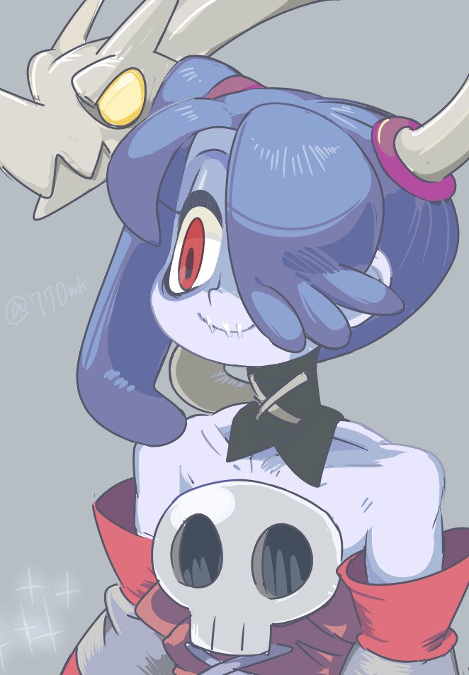 770mk blue_hair blue_skin colored_skin dress grey_background leviathan_(skullgirls) medium_hair red_dress red_eyes side_ponytail simple_background skull skullgirls squigly_(skullgirls) stitched_mouth stitches striped_sleeves zombie