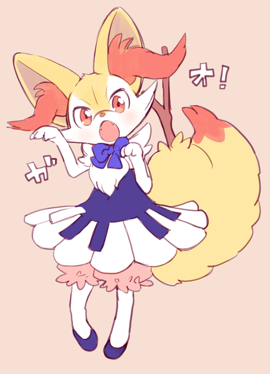 amezawa_koma bow bowtie braixen clothed_pokemon dress full_body gen_6_pokemon grey_background hands_up head_tilt looking_at_viewer no_humans open_mouth paw_pose pokemon pokemon_(creature) purple_bow purple_footwear purple_neckwear red_eyes shoes simple_background solo