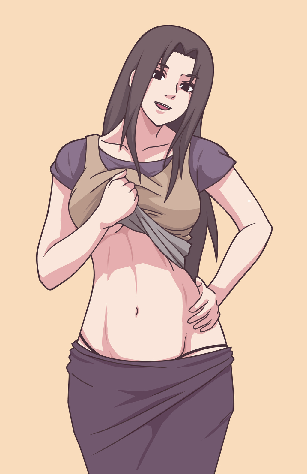 1girl abs black_eyes black_hair breasts character_request clothes_lift clothes_pull groin hand_on_hip head_tilt highres indy_rique long_hair looking_at_viewer medium_breasts naruto_(series) navel pants pants_pull self_exposure shirt shirt_lift smile solo under_boob yellow_background