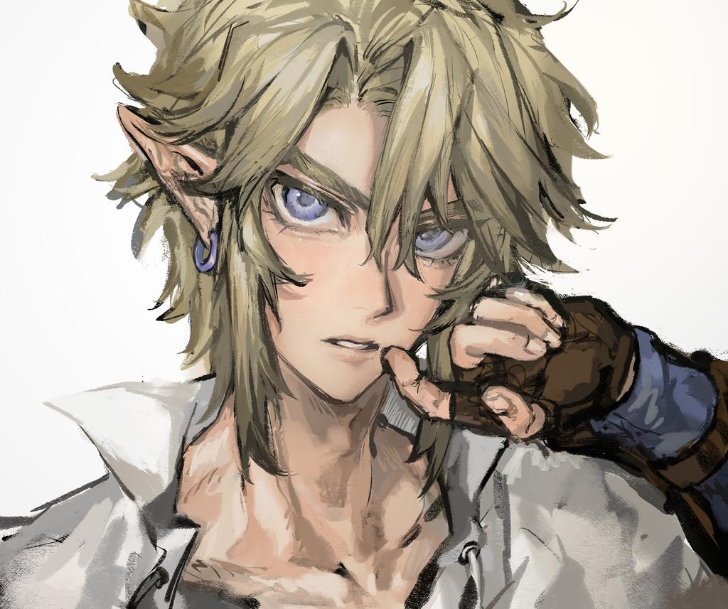 1boy bangs bibabunie blonde_hair blue_eyes brown_gloves earrings fingerless_gloves gloves grey_background hair_between_eyes jewelry link male_focus parted_lips pointy_ears popped_collar shirt simple_background solo the_legend_of_zelda the_legend_of_zelda:_twilight_princess upper_body white_shirt