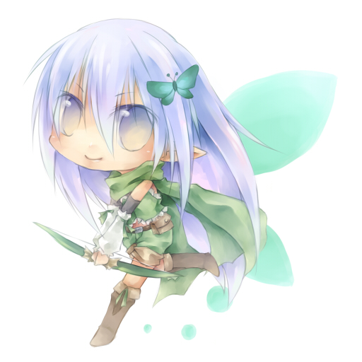 1girl arm_warmers bangs black_gloves boots bow_(weapon) brown_footwear butterfly_hair_ornament chibi closed_mouth commentary_request elbow_gloves eyebrows_visible_through_hair full_body gloves green_scarf green_shirt green_shorts grey_eyes hair_between_eyes hair_ornament holding holding_bow_(weapon) holding_weapon light_purple_hair long_hair looking_at_viewer lunaraven pointy_ears ragnarok_online ranger_(ragnarok_online) running scarf shirt shorts sleeveless sleeveless_shirt smile solo weapon white_background