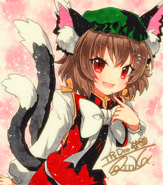 1girl animal_ear_fluff animal_ears brown_hair cat_ears cat_tail chen dress earrings gold_trim hat jewelry mob_cap multiple_tails nekomata qqqrinkappp red_dress red_eyes shikishi short_hair single_earring solo tail touhou traditional_media two_tails