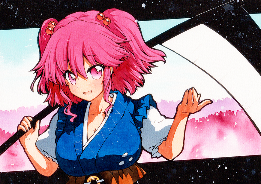 1girl bangs belt black_border blue_dress blue_sky border braid breasts brown_belt cherry_blossoms dress eyebrows_visible_through_hair hair_between_eyes hands_up looking_at_viewer md5_mismatch medium_breasts onozuka_komachi open_mouth pink_background pink_eyes pink_hair qqqrinkappp scythe short_hair short_sleeves short_twintails sky smile solo touhou traditional_media twintails white_sleeves