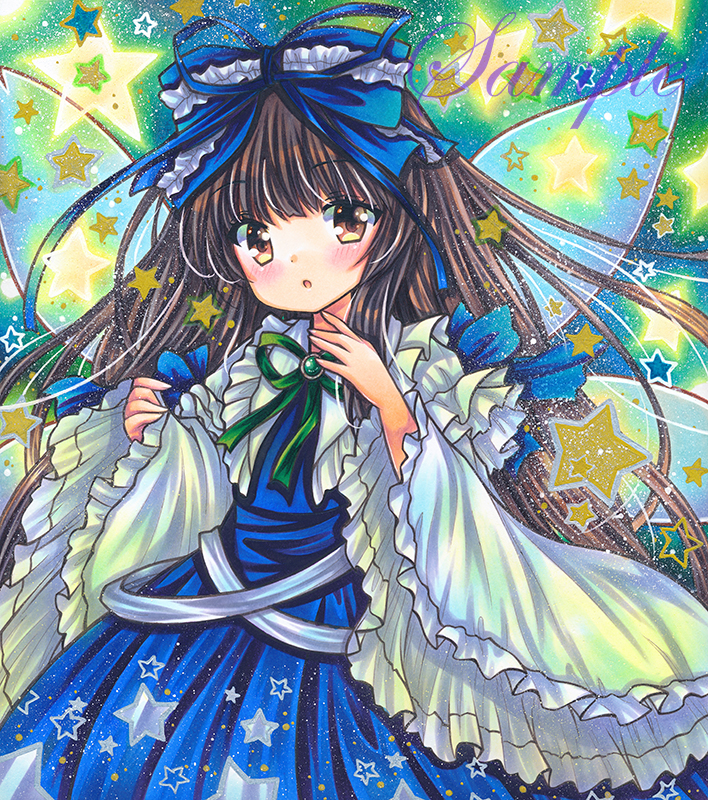 1girl bangs black_hair blue_bow blue_dress blush bow dress eyebrows_visible_through_hair fairy_wings green_background green_bow green_neckwear hands_up hime_cut long_hair long_sleeves looking_at_viewer marker_(medium) open_mouth rui_(sugar3) sky solo star_(sky) star_(symbol) star_sapphire starry_sky touhou traditional_media white_sleeves wings yellow_eyes