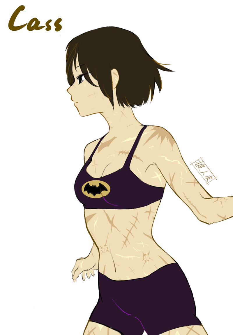 animal_print arm_grab bat bat_print batgirl bike_shorts black_eyes black_hair breasts cassandra_cain dc_comics medium_breasts pulling scar scar_on_arm scar_on_cheek scar_on_chest scar_on_face scar_on_leg short_hair white_background