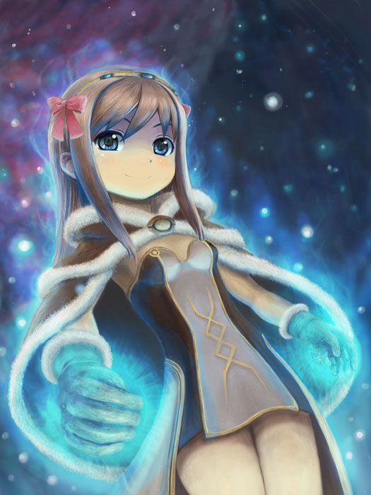 1girl bangs blue_eyes bow breasts brown_cape brown_dress brown_gloves brown_hair cape closed_mouth commentary_request cowboy_shot dress fur-trimmed_cape fur-trimmed_gloves fur_trim gloves hair_bow high_wizard_(ragnarok_online) long_hair looking_at_viewer magic migorz ragnarok_online red_bow short_dress small_breasts smile solo strapless strapless_dress two-tone_dress white_dress