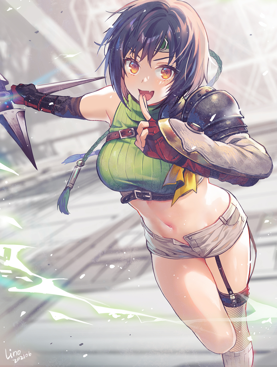 1girl :d armor bare_shoulders black_hair breasts crop_top fang final_fantasy final_fantasy_vii final_fantasy_vii_remake green_shirt grey_shorts highres holding holding_weapon lino_chang looking_at_viewer medium_breasts midriff navel open_fly open_mouth orange_eyes outstretched_arm pauldrons ribbed_shirt shirt short_hair short_shorts shorts shoulder_armor sleeveless sleeveless_shirt smile solo stomach thighs v-shaped_eyebrows weapon yuffie_kisaragi