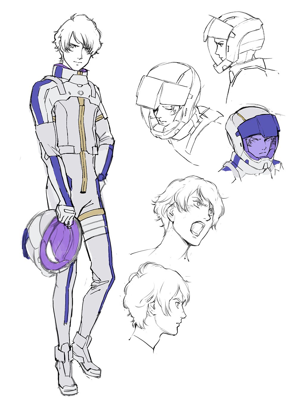 1boy character_sheet closed_eyes gundam gundam_hathaway's_flash headwear_removed helmet helmet_removed highres holding holding_helmet lane_aime looking_at_viewer multiple_views official_art open_mouth pablo pilot_suit production_art science_fiction sketch unfinished